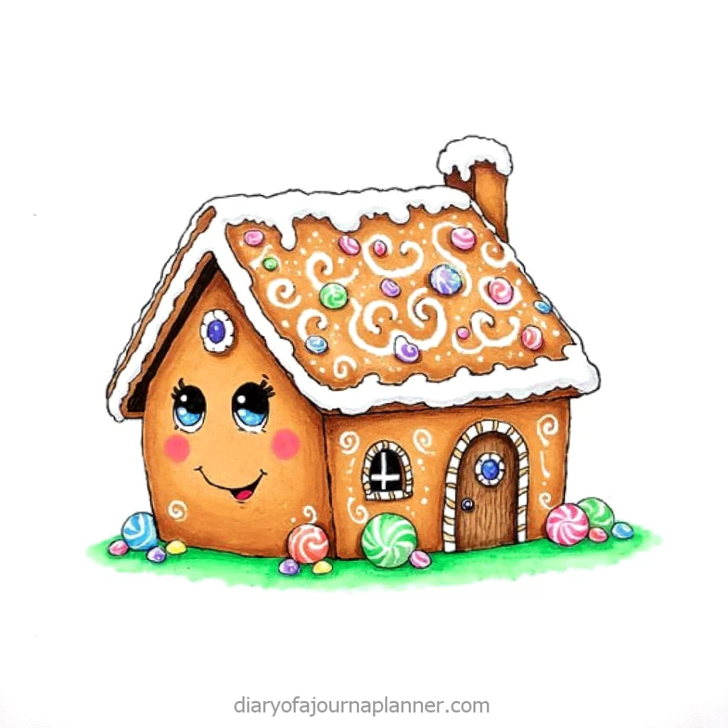 Cute, smiling gingerbread house with candy decorations and snowy roof on a white background.