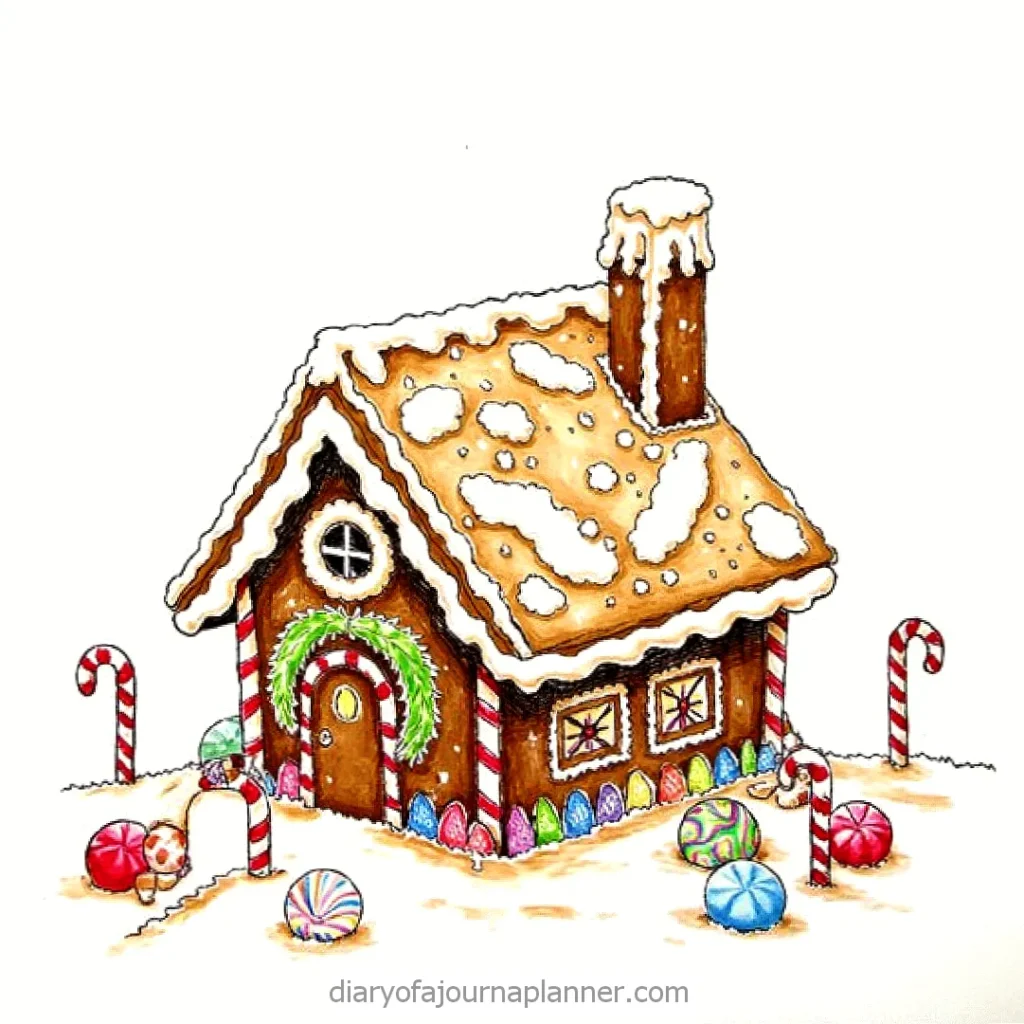 Whimsical gingerbread house with snowy roof, candy canes, and colorful decorations, perfect for festive holiday cheer.