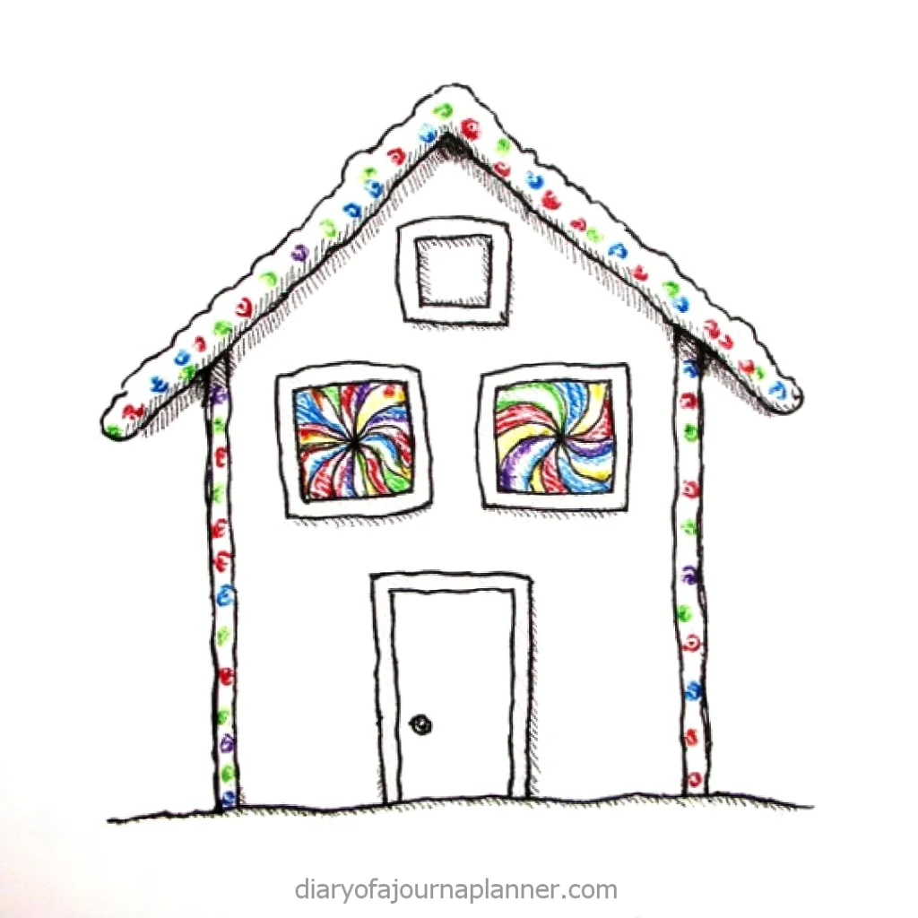 Whimsical doodle of a house with colorful candy-like decorations and vibrant swirled windows on a white background.