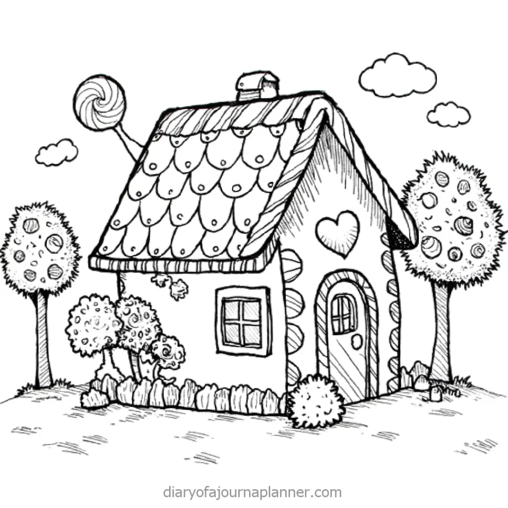 Whimsical candy house with heart-shaped window and lollipop chimney, surrounded by candy trees and bushes.