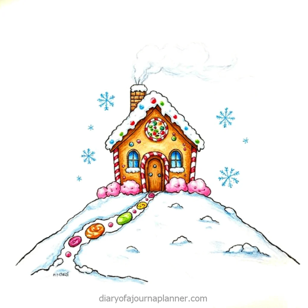 Whimsical gingerbread house with candy path and snowy backdrop, adorned with colorful decorations and snowflakes.