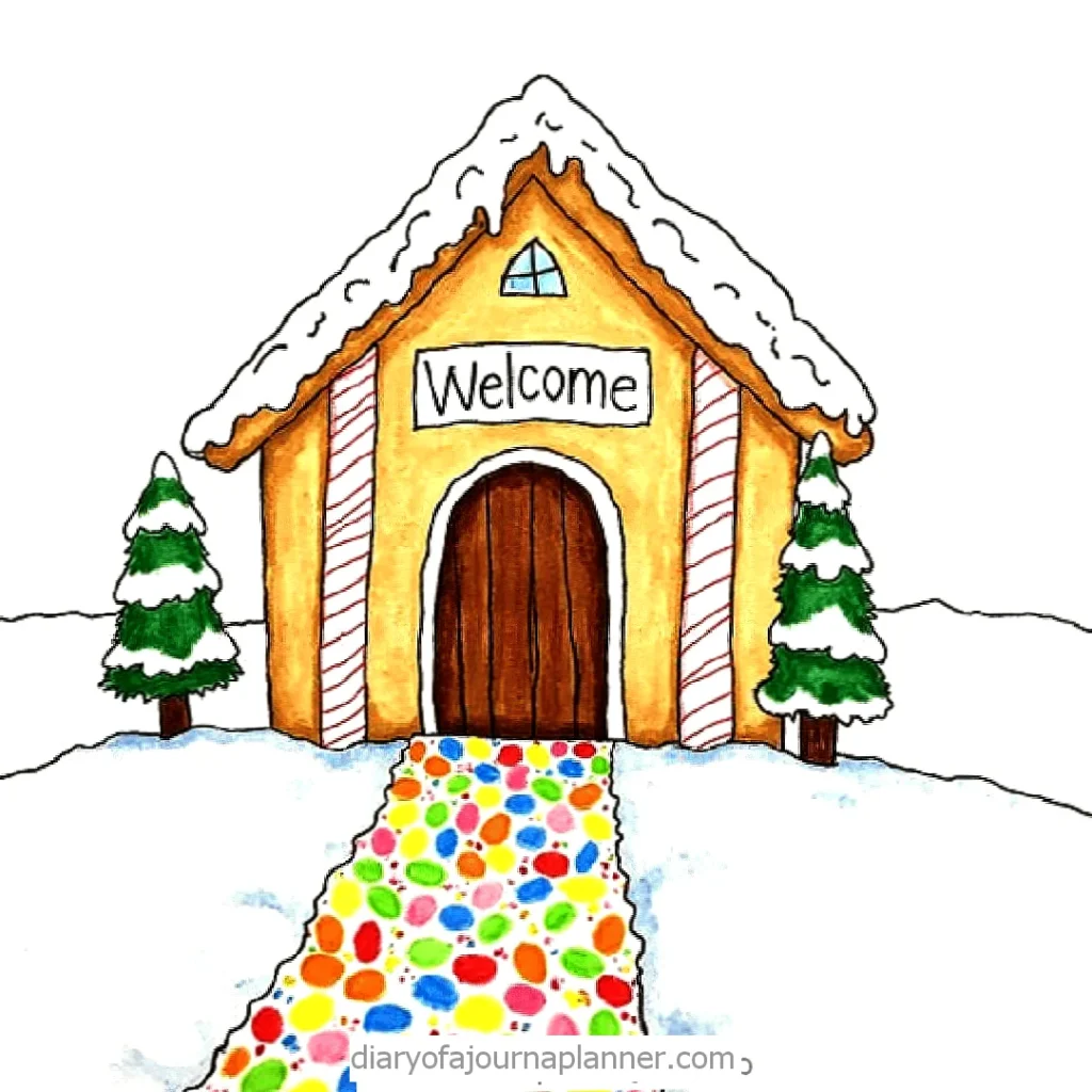 Whimsical gingerbread house with snow, candy path, and welcome sign. Festive winter scene with trees.
