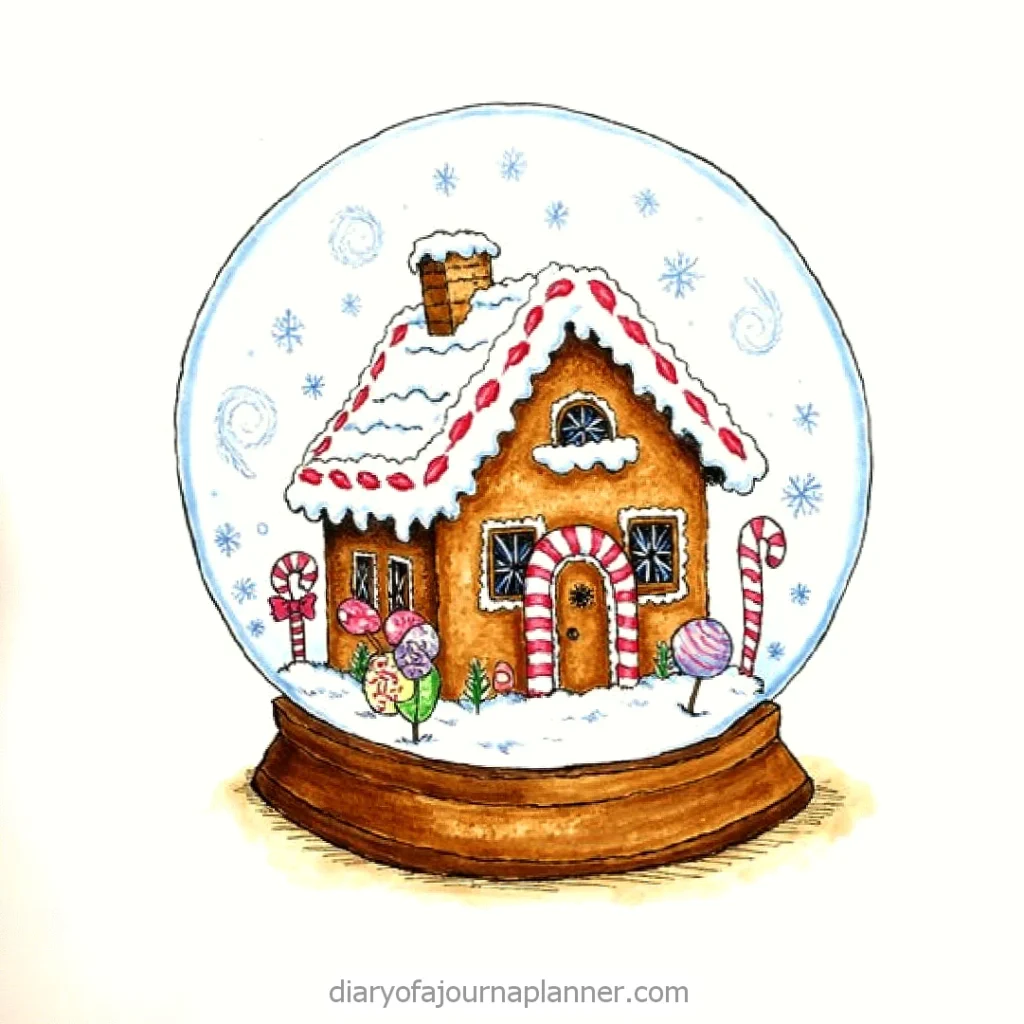 Gingerbread house snow globe with candy canes and lollipops in a wintery scene, ideal for festive decorations.