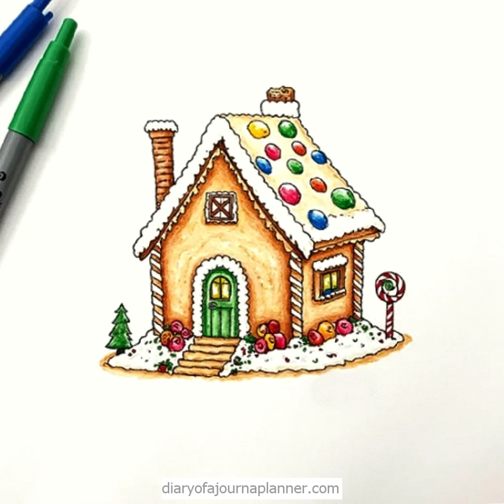 Colorful gingerbread house illustration with candy roof and markers nearby.