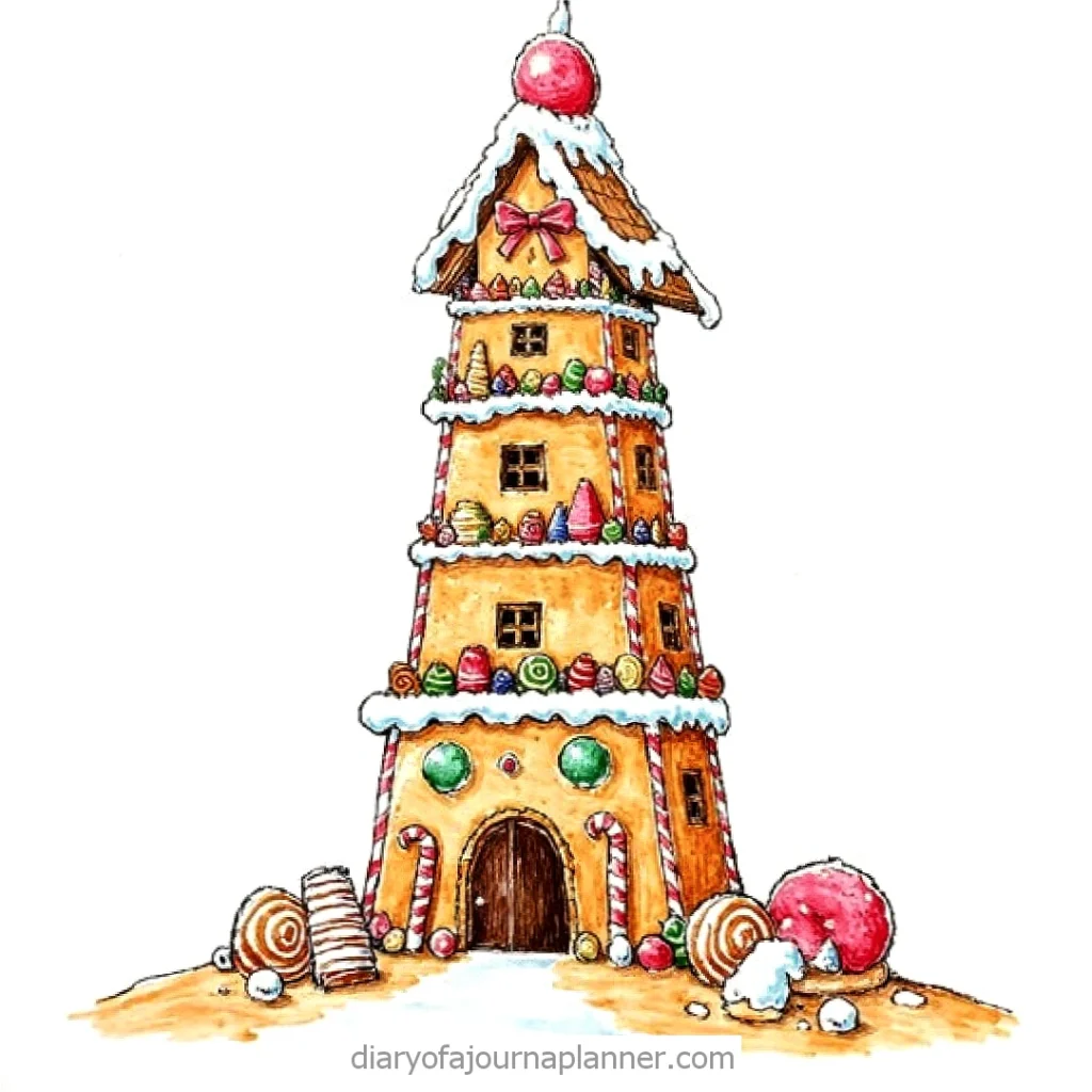 Whimsical gingerbread tower decorated with colorful candies and icing, perfect for festive holiday inspiration.