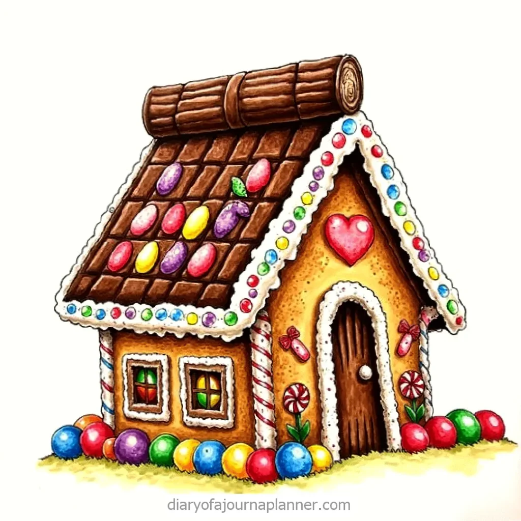 Colorful gingerbread house decorated with candies, chocolate roof, and heart detail. Christmas holiday theme.
