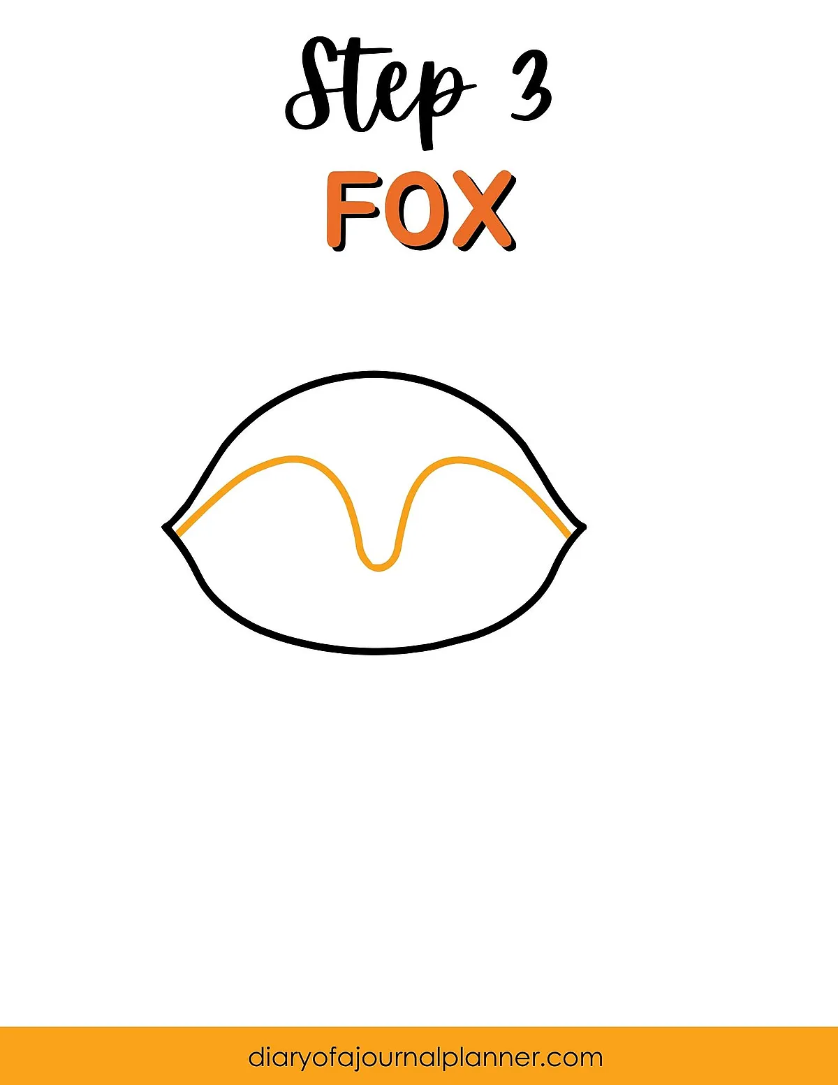 Step 3 of drawing a fox: Outline of a fox face in black and orange lines on a white background.