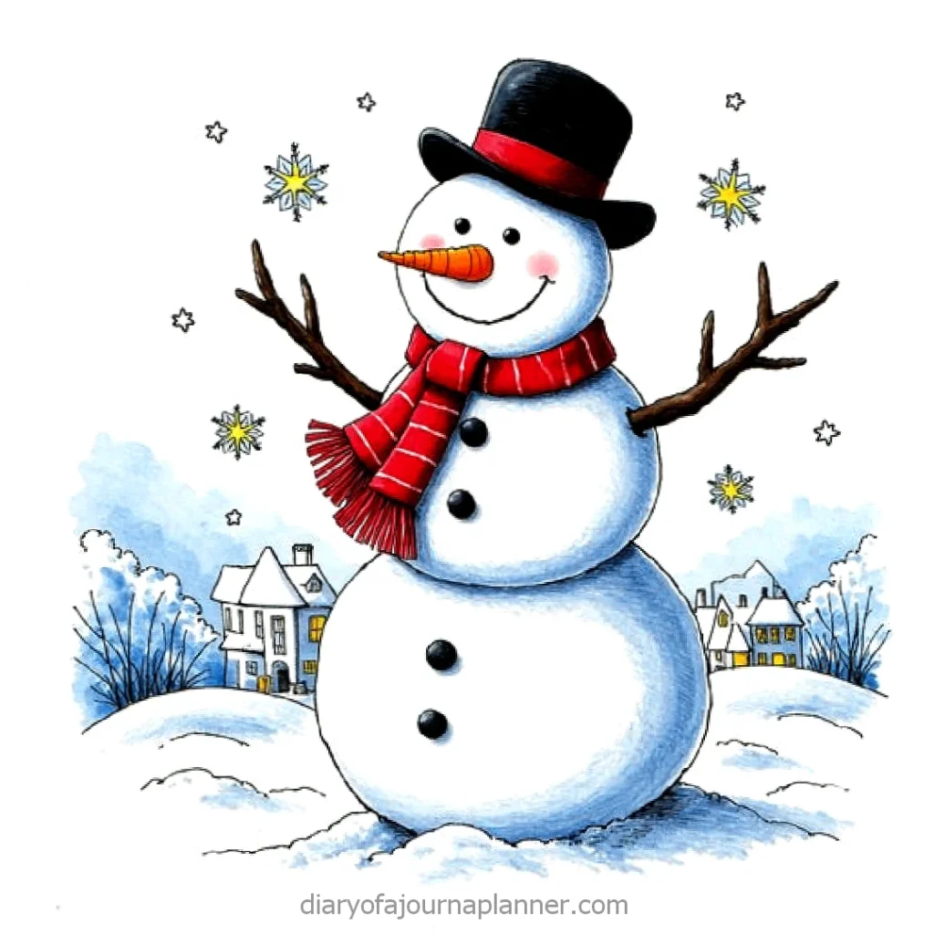 Smiling snowman with a red scarf and black hat in a snowy village scene with snowflakes.