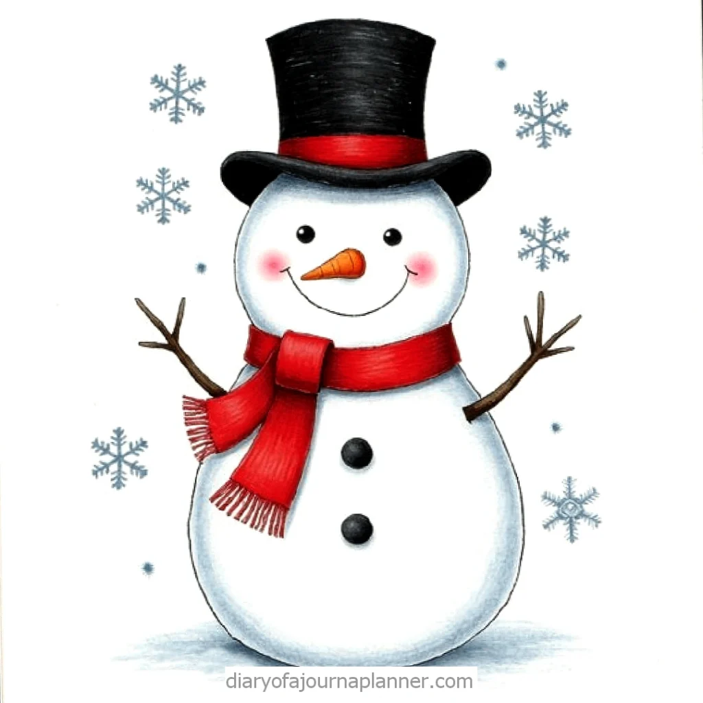 Smiling snowman with red scarf and top hat, surrounded by snowflakes on a white background.