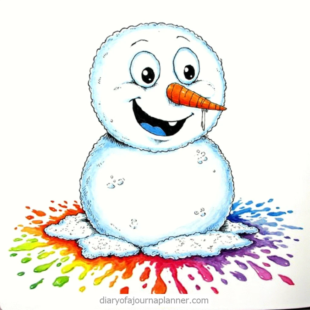 Happy snowman with carrot nose melting on colorful puddle, white background.