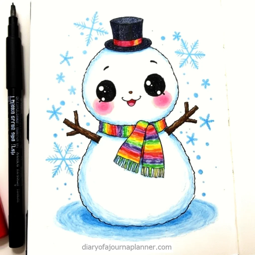 Cute snowman illustration with rainbow scarf, top hat, and snowflakes; features big eyes and blush.
