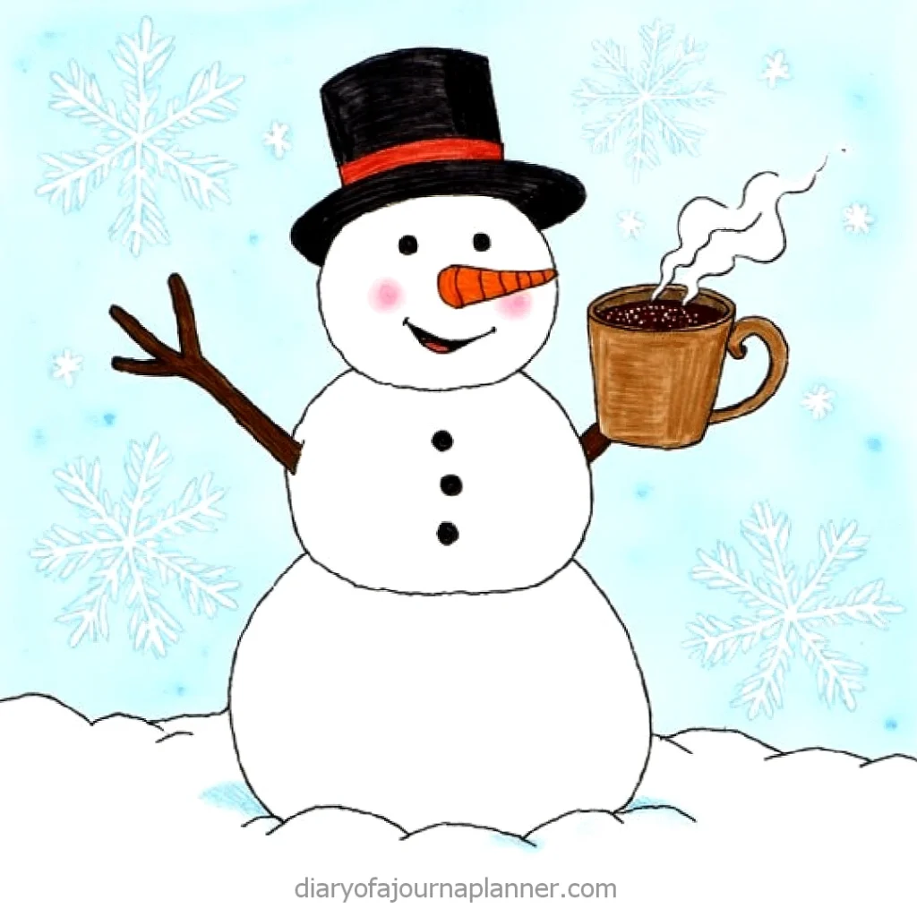A cheerful snowman with a top hat holds a steaming mug of hot chocolate against a snowy backdrop with snowflakes.