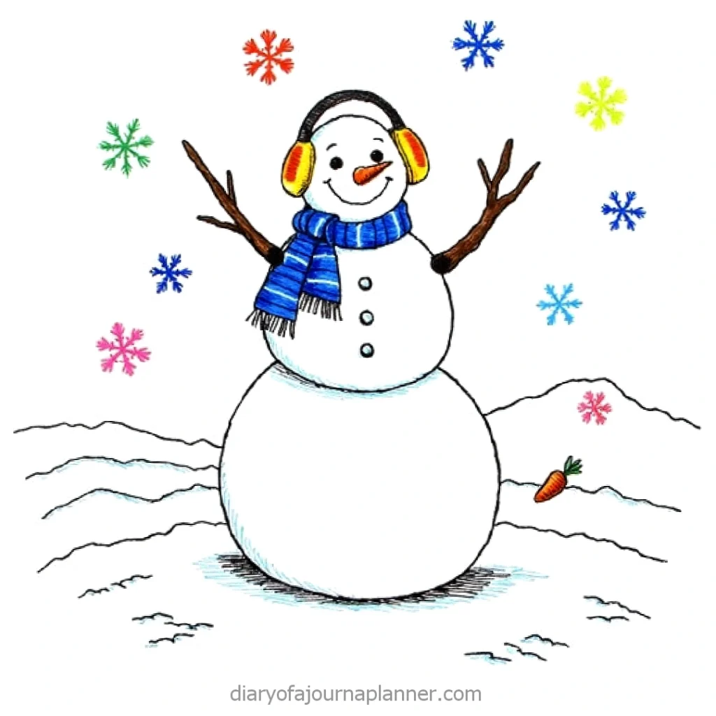 Cheerful snowman with earmuffs and a blue scarf surrounded by colorful snowflakes in a snowy landscape.
