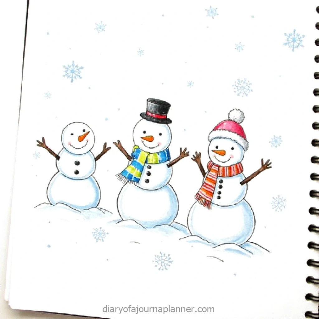 Three cheerful snowmen wearing colorful scarves and hats, surrounded by snowflakes.