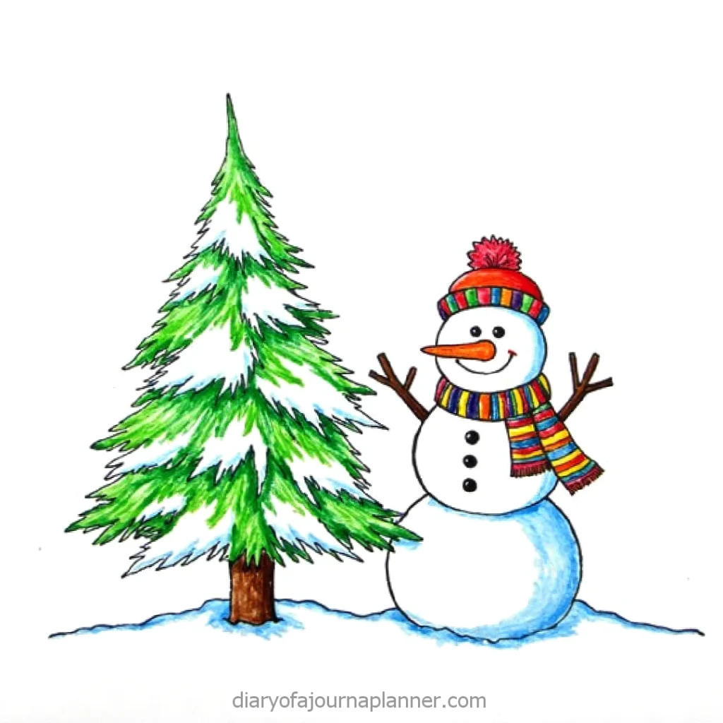 Cheerful snowman wearing a colorful scarf and hat beside a snow-covered evergreen tree.