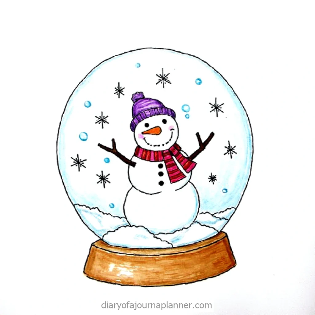 Cheerful snowman wearing a purple hat in a snow globe with falling snowflakes.