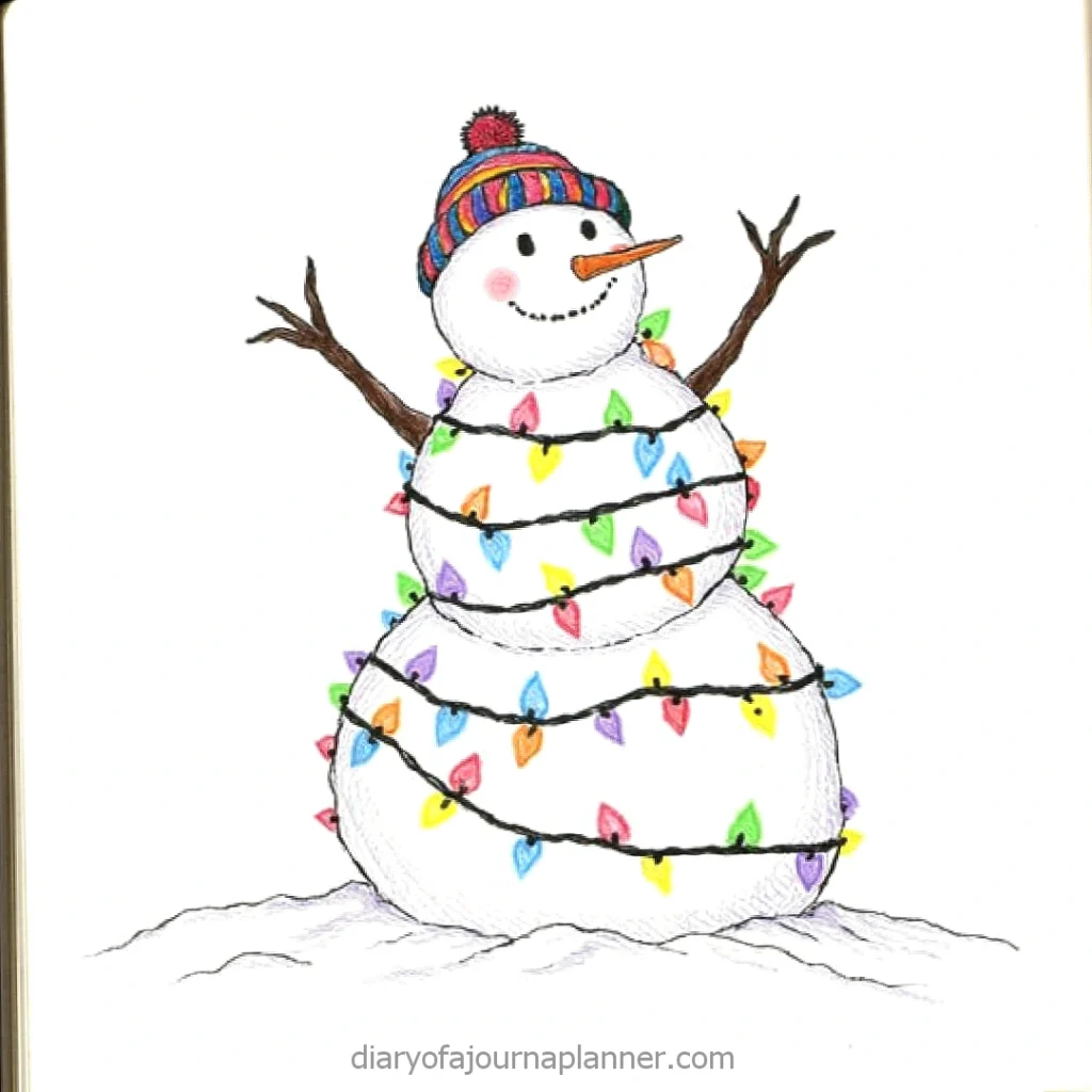 Smiling snowman with colorful Christmas lights and a striped winter hat on snowy ground.
