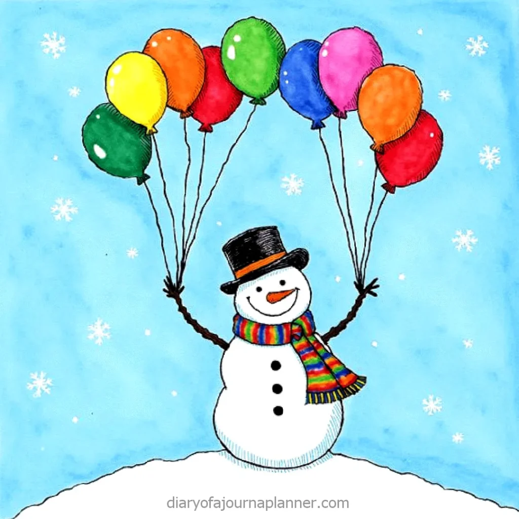 Cheerful snowman with a top hat and rainbow scarf holding colorful balloons against a snowy blue sky.