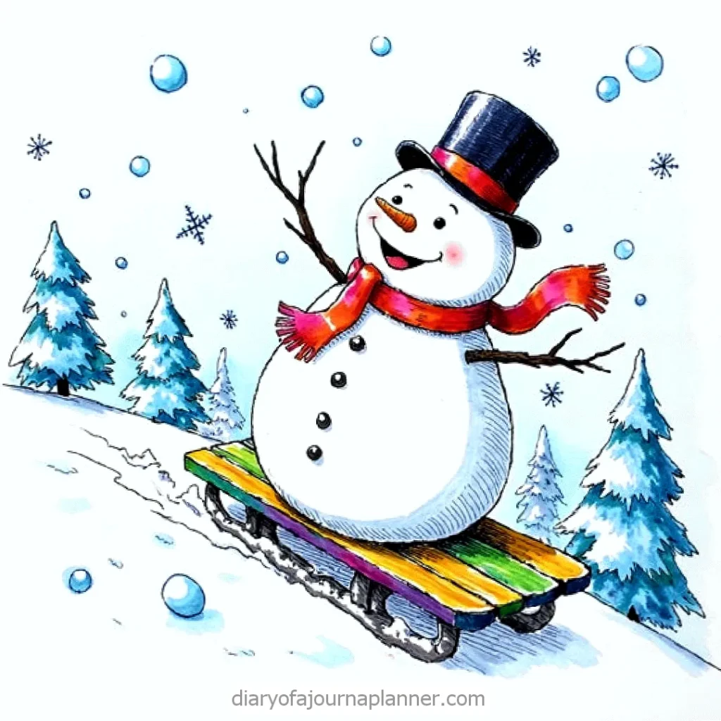 Snowman sledding downhill, wearing a top hat and scarf, surrounded by snowy trees and falling snowflakes.