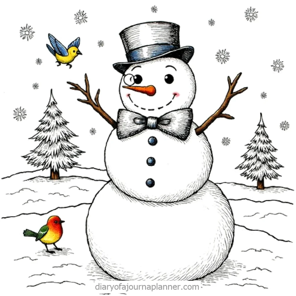 Happy snowman wearing a hat and bow tie with two birds in a snowy landscape, surrounded by trees and snowflakes.