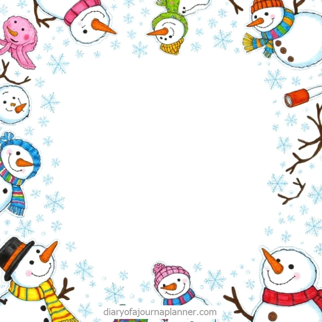 Festive snowman border with colorful scarves and hats on a white background, accented by snowflakes.