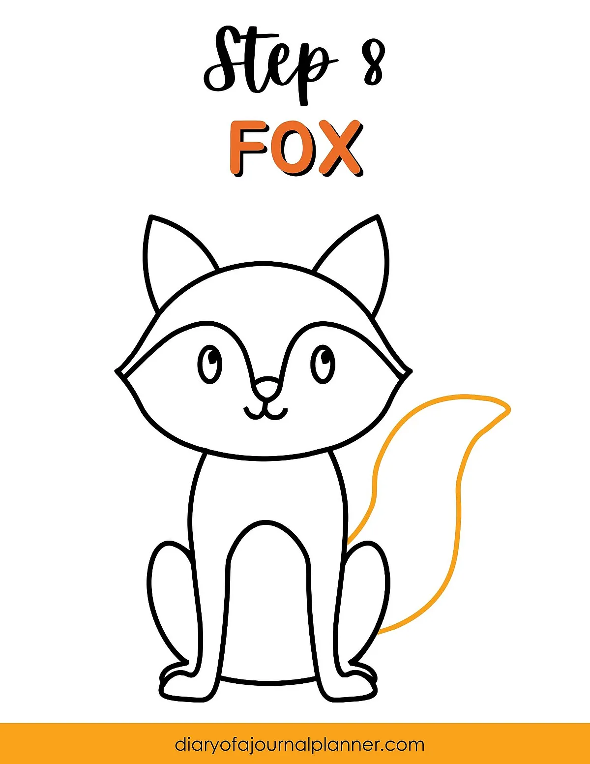 Step 8 of drawing a cute fox outline with ears, eyes, and a bushy tail. Simple illustration guide.