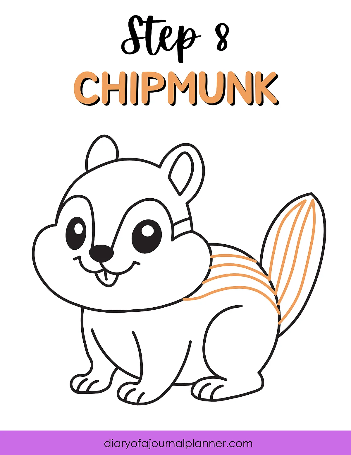 Cartoon chipmunk drawing tutorial, step 8, with outlined illustration and text guidance.