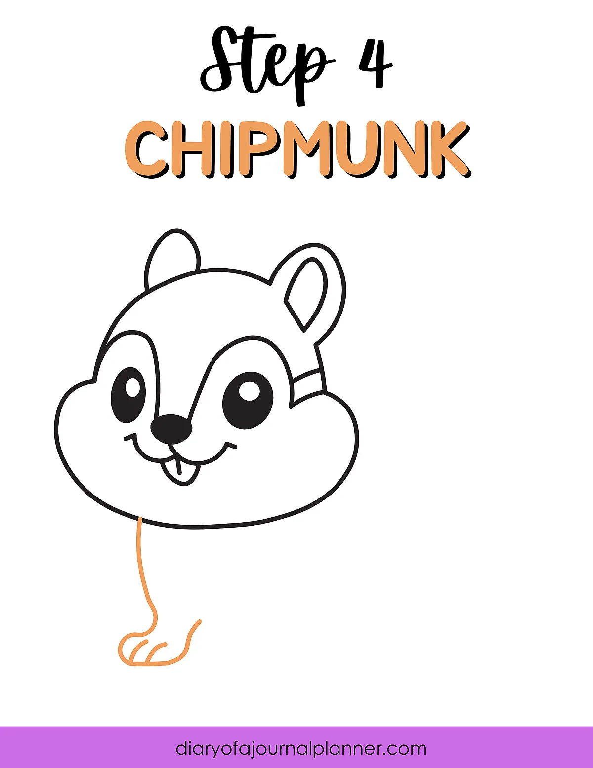 Step 4 chipmunk drawing guide with outlined chipmunk face and starting lines for body.
