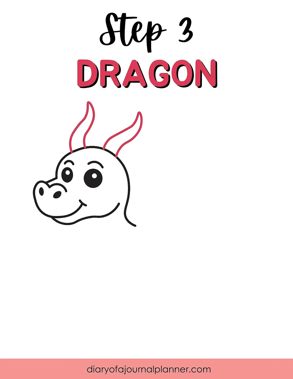Step 3 of dragon drawing tutorial featuring a simple dragon head sketch with horns.