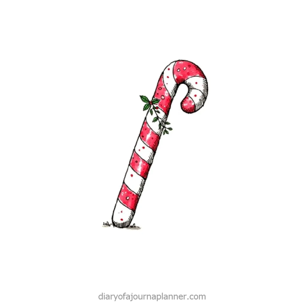 Illustration of a red and white candy cane with holly leaves, perfect for holiday decorations.