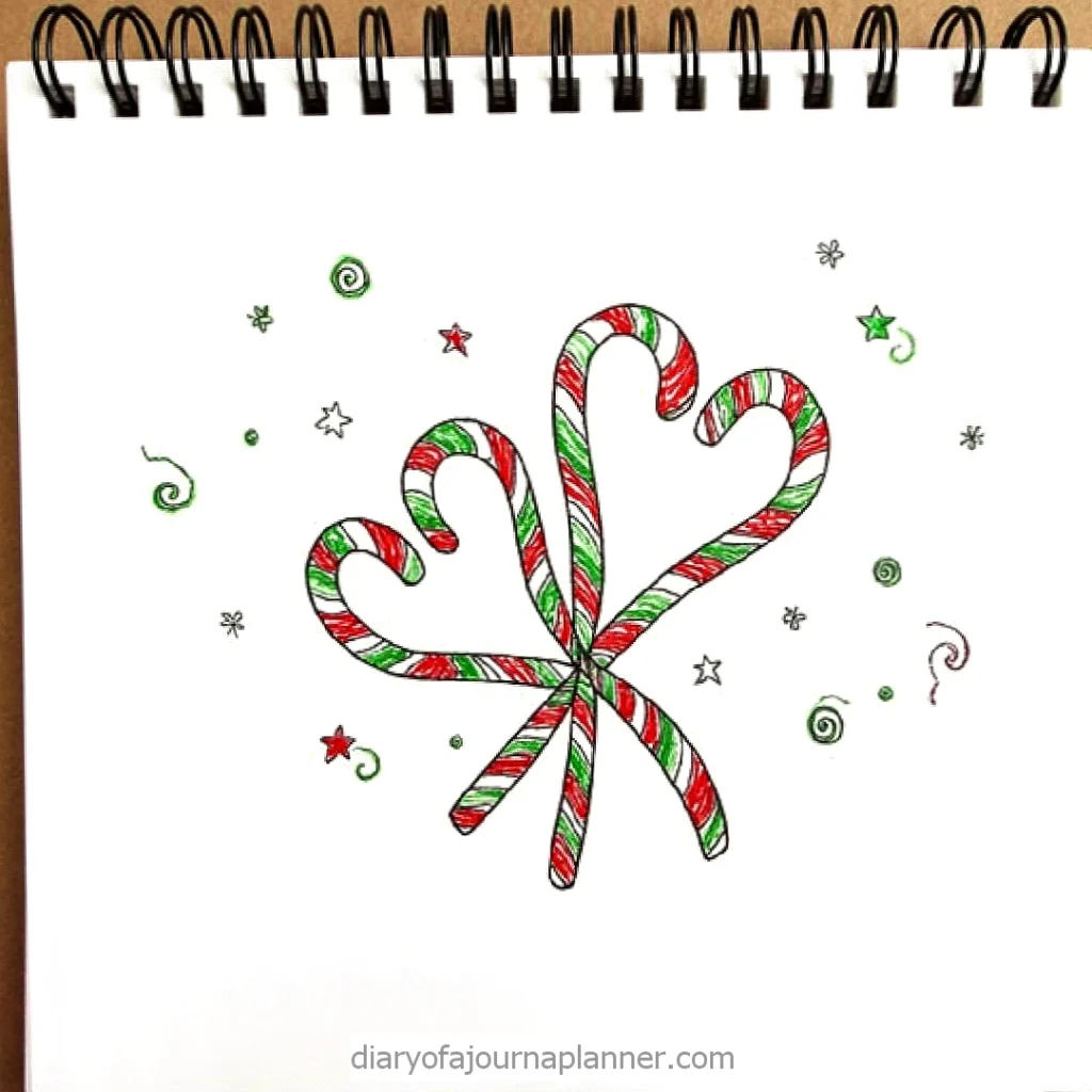 Holiday-themed candy cane heart sketch with stars and swirls, in red and green colors. Fun, festive drawing on paper.