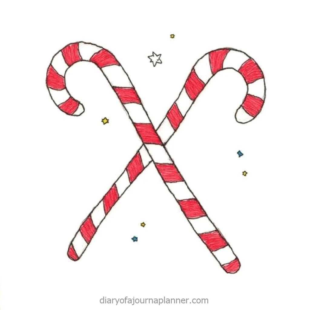 Two crossed candy canes with red and white stripes surrounded by small colorful stars on a white background.