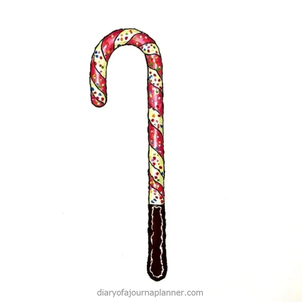 Illustrated candy cane with red and white stripes and colorful sprinkles, isolated on a white background.