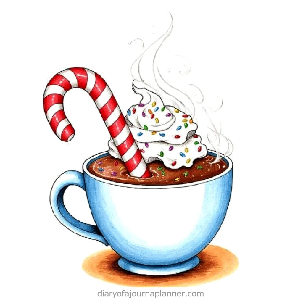 Hot chocolate with whipped cream, candy cane, and sprinkles in a blue mug, steaming and festive.