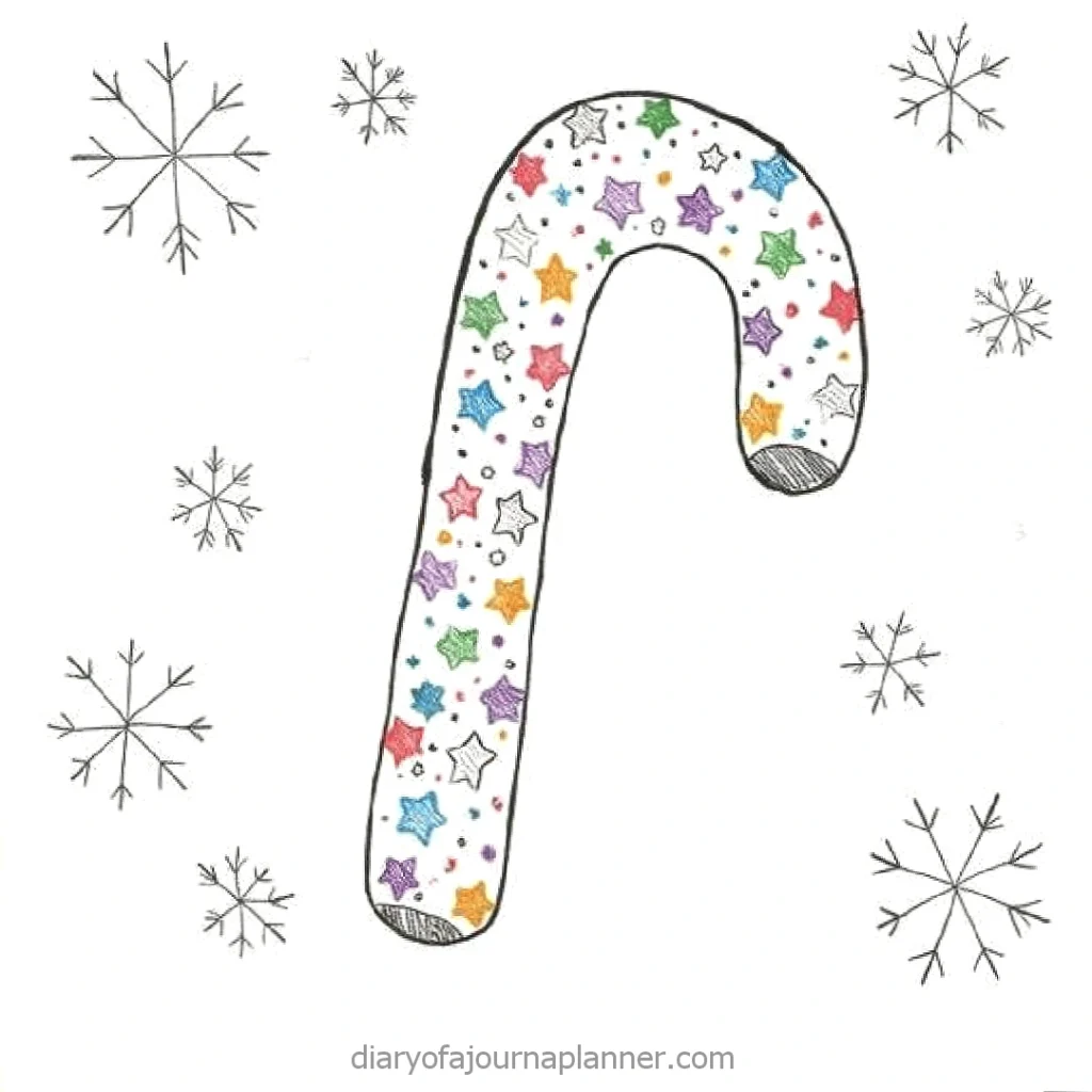 Whimsical candy cane drawing with colorful stars and snowflakes, perfect for festive holiday decorations.