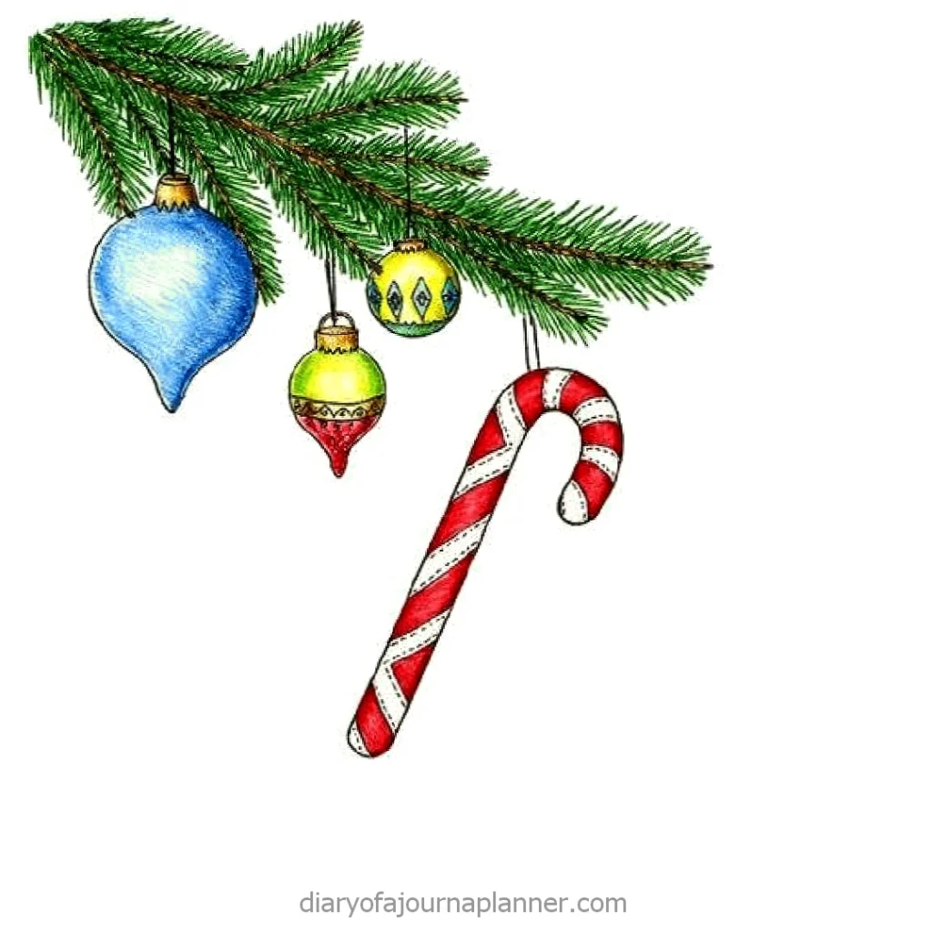 Christmas ornaments and candy cane hanging from pine branch. Festive holiday decoration illustration.