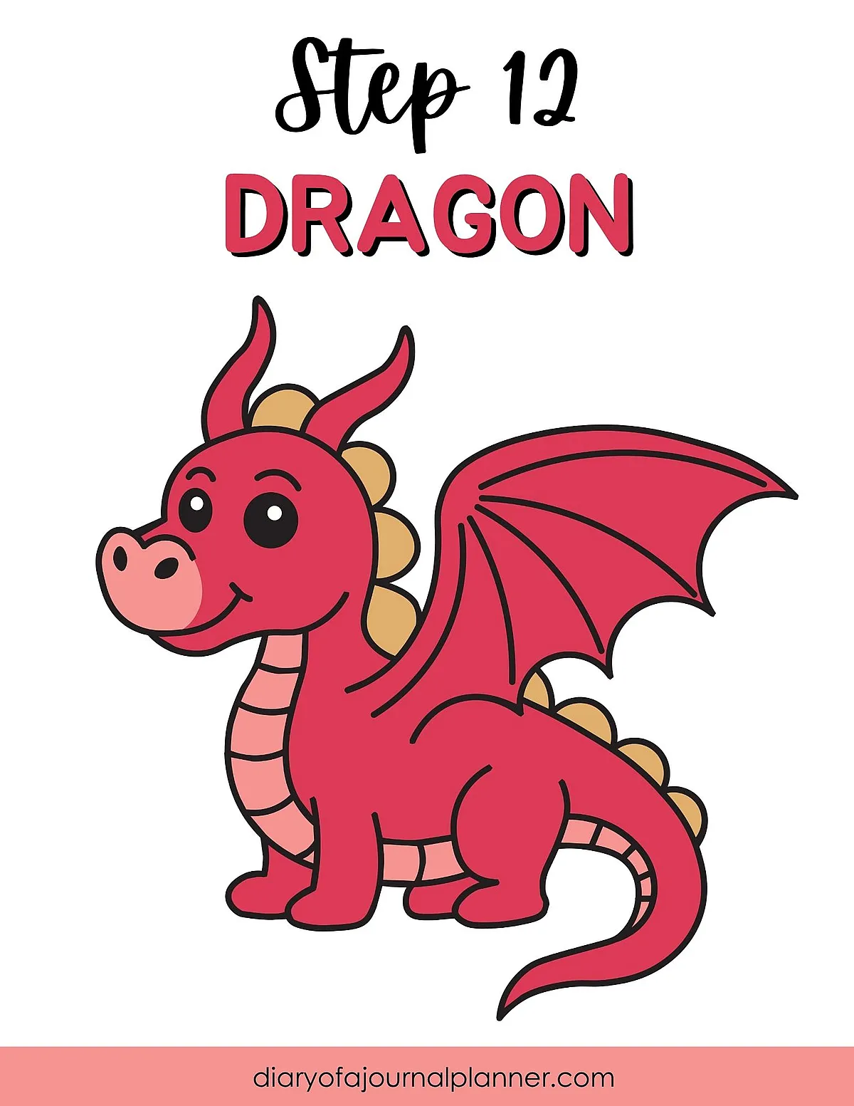 Cute red cartoon dragon illustration for drawing tutorials, step 12.
