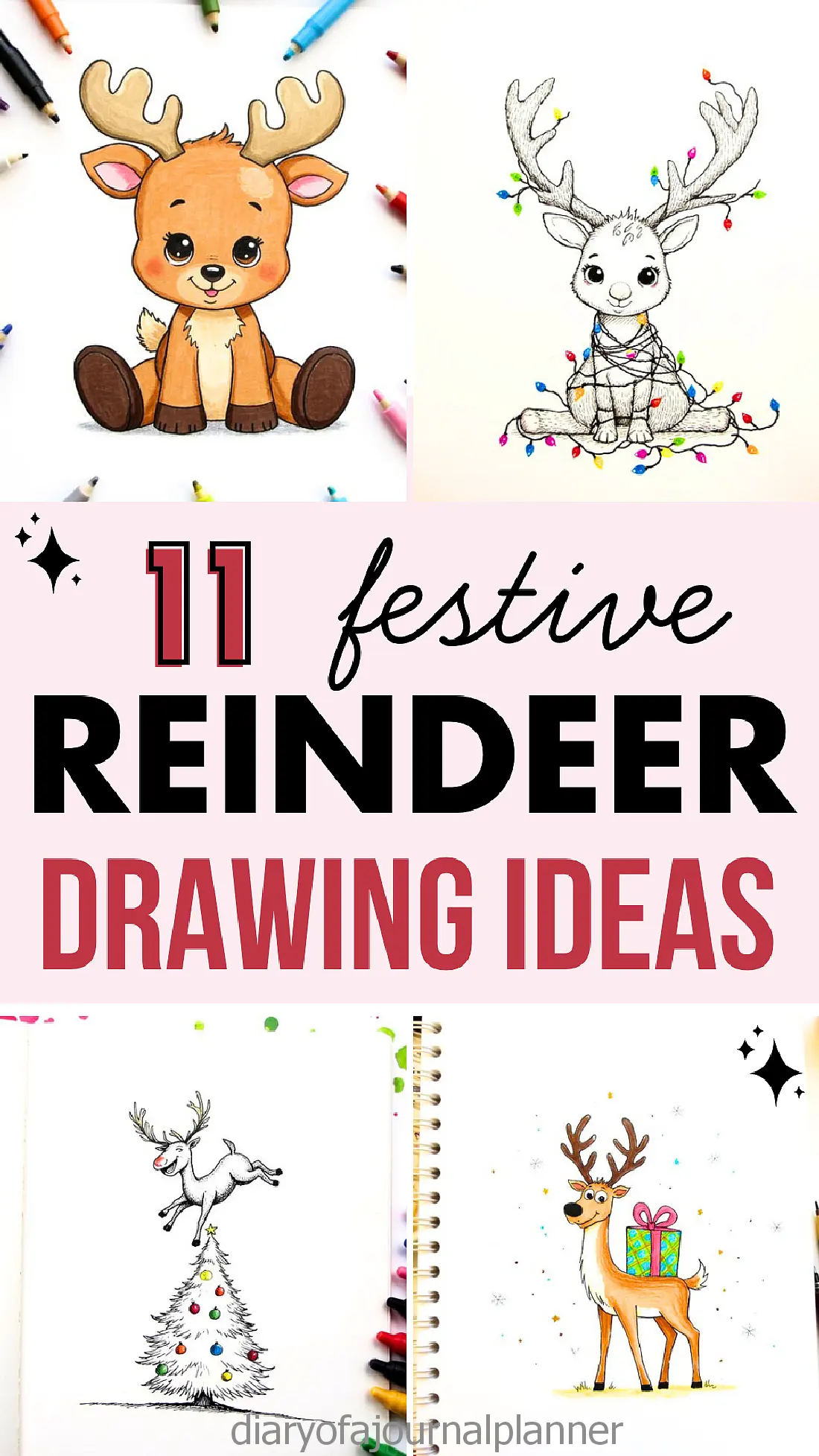 Festive reindeer drawing ideas featuring colorful holiday-themed artworks for creative inspiration.