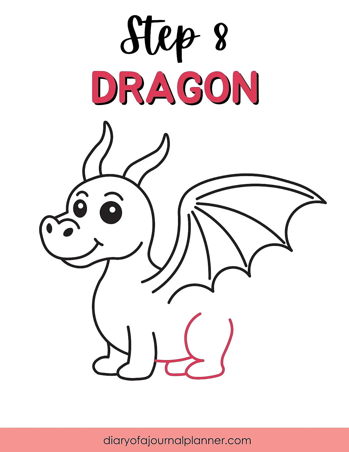 Illustration guide for drawing a cute cartoon dragon, step 8. Black and white with pink highlights.