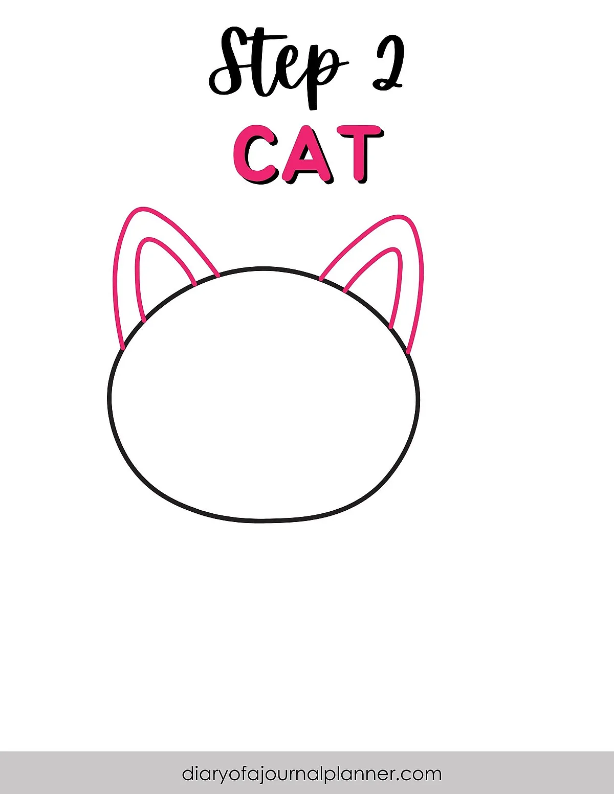 Step 2: Draw a cat's head outline with pink ears for a simple drawing tutorial.