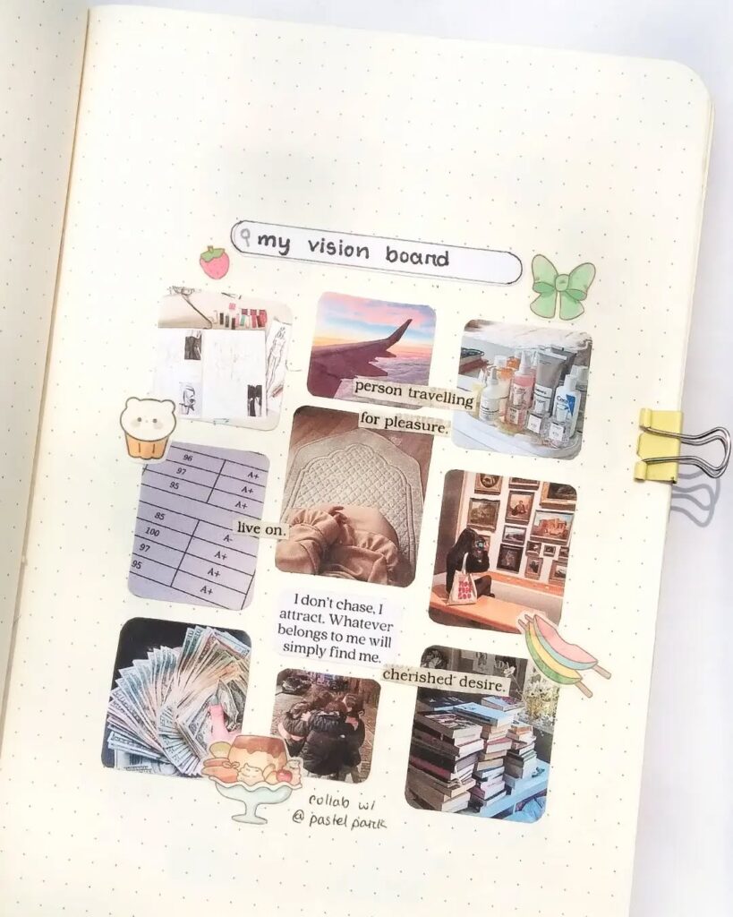 Vision board with travel, study, and book themes, featuring quotes and decorative stickers of a bear and butterfly.