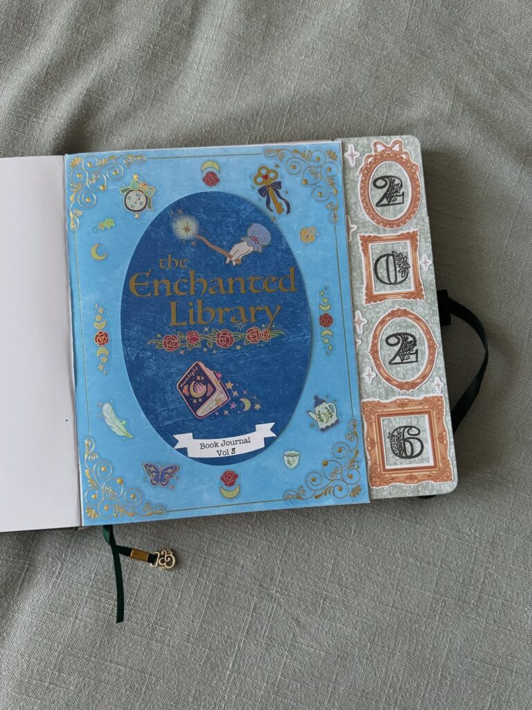 The Enchanted Library book journal with magical theme, Volume 5, featuring whimsical designs.