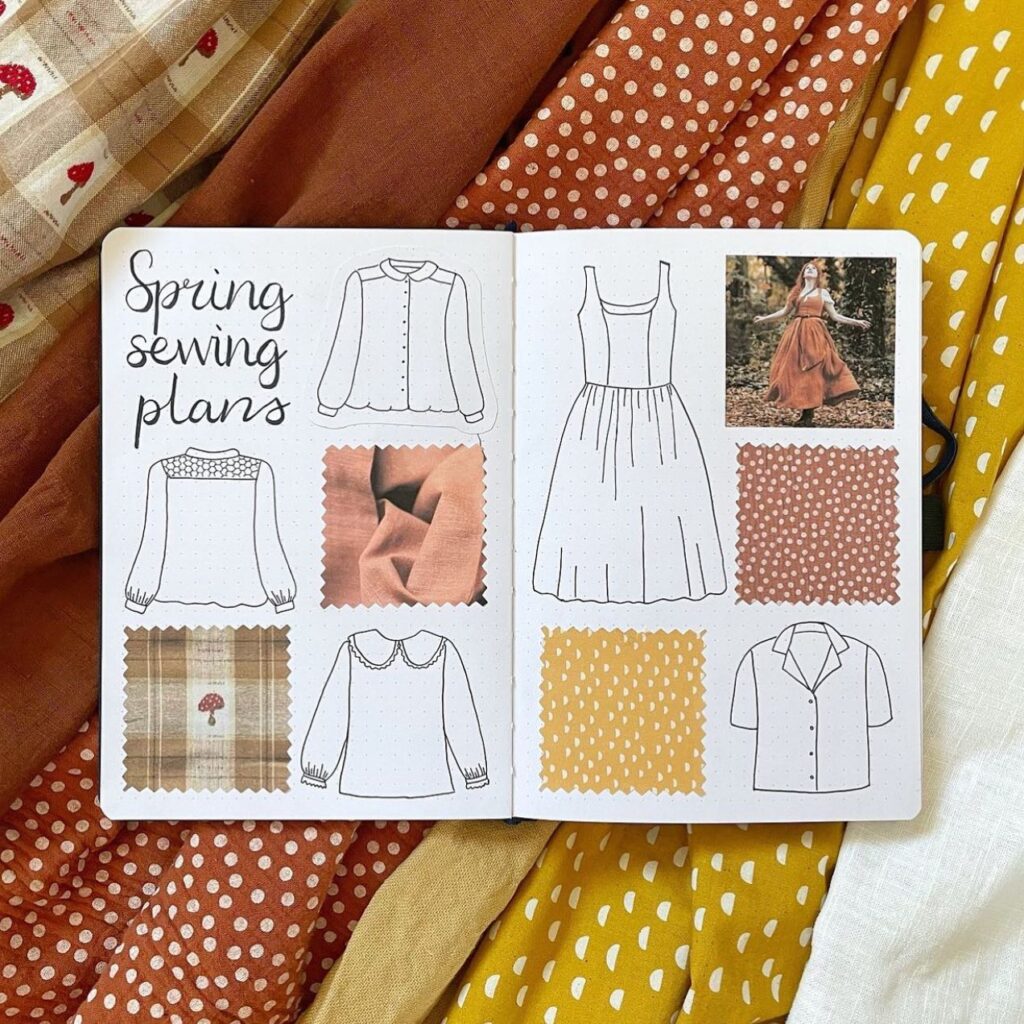 Sketchbook showing spring sewing plans with garment sketches and fabric swatches on a colorful fabric background.