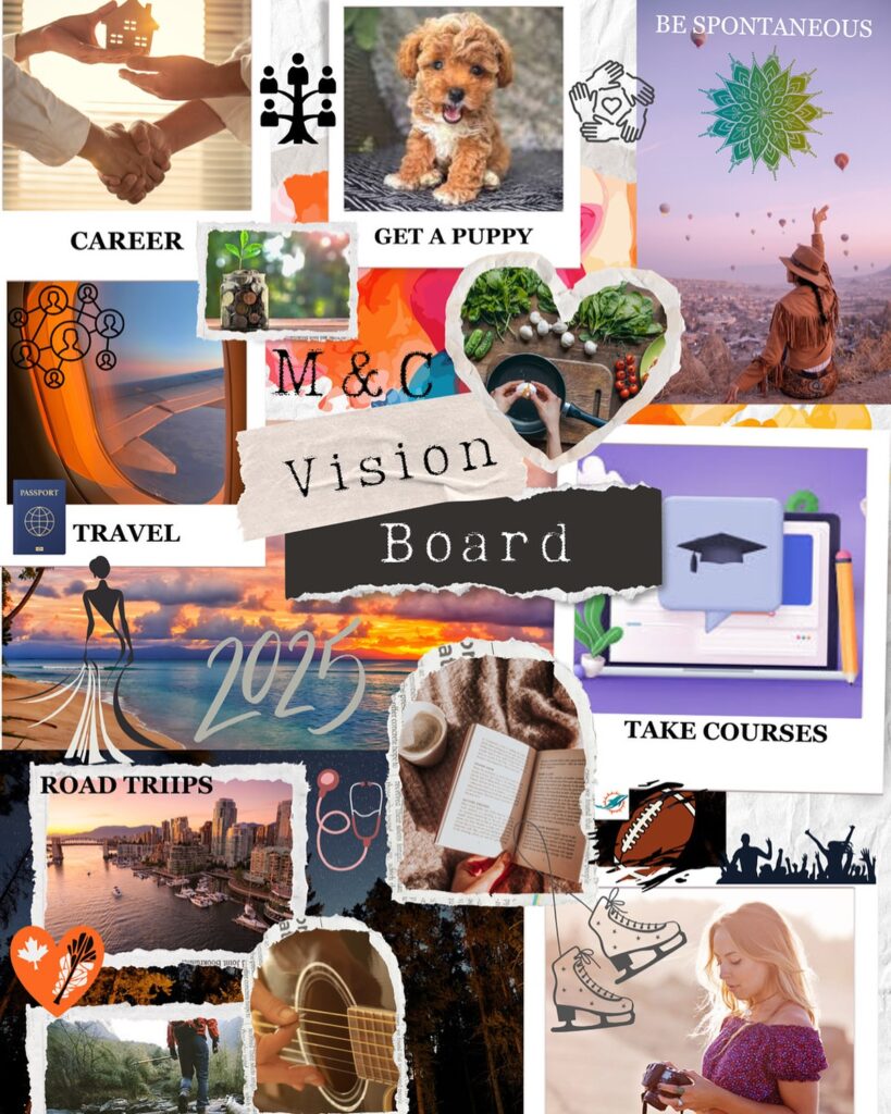 Vision board with goals: travel, career, get a puppy, take courses, be spontaneous, road trips, and more.