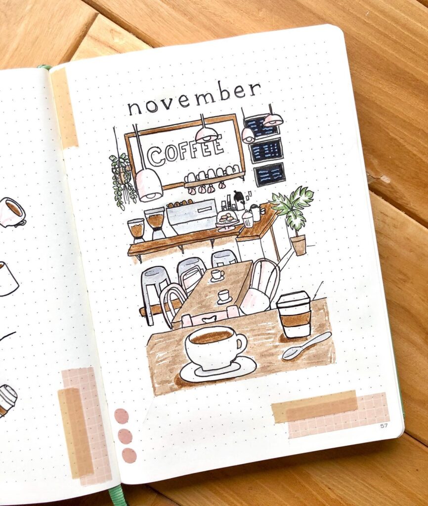 Illustration of a cozy coffee shop scene in a journal for November. Warm, inviting decor with coffee cups.