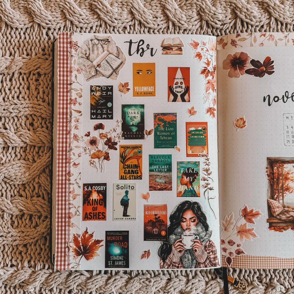 Cozy fall-themed reading journal page with a to be read list and autumn decorations.