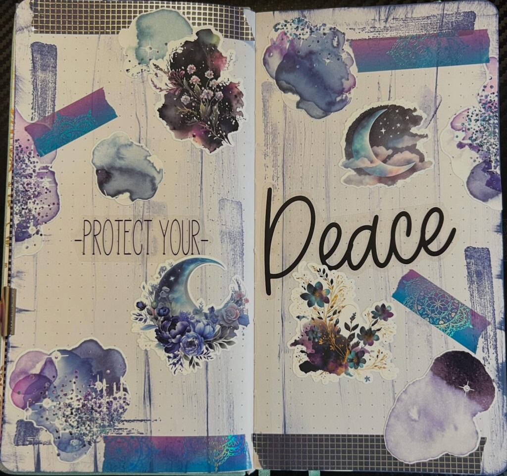 Decorative journal page with Protect Your Peace message, adorned with moon, clouds, and flower illustrations.