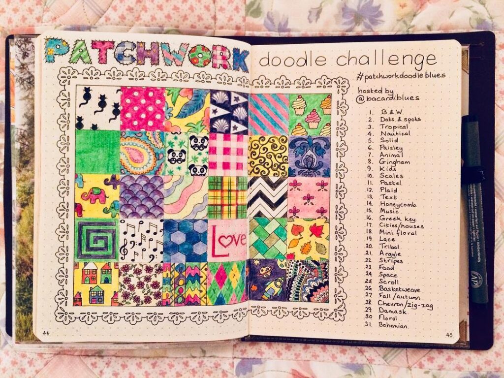 Colorful patchwork doodle challenge journal page with 30 unique pattern designs and a decorative border.