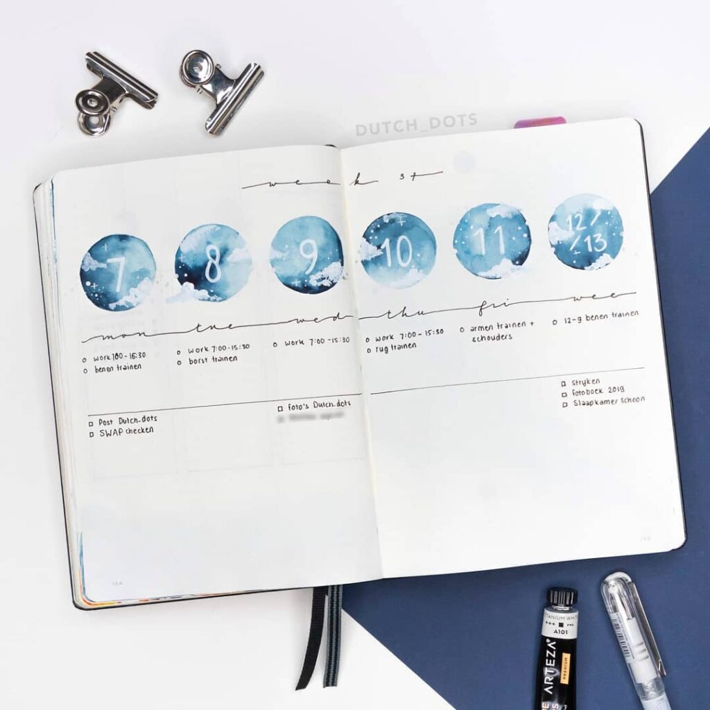 Open bullet journal with watercolor date design and weekly planner layout for scheduling tasks and activities.