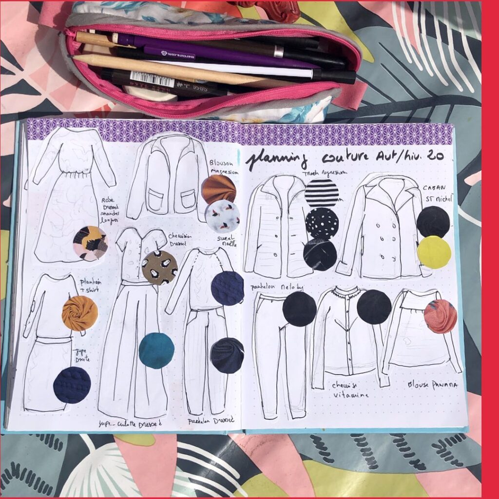 Fashion sketchbook with autumn/winter clothing designs and fabric samples, surrounded by colorful stationery.